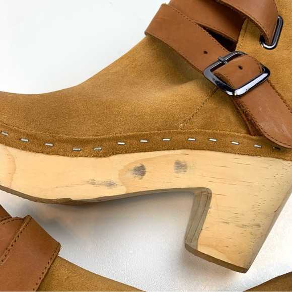 Free People Sz 40 (10) Bungalow Clog Ankle Boot Tan Suede Leather 70s Wood Heel - Picture 12 of 13